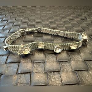 Vintage Silver Mesh Clasp Bracelet with Rhinestones 7”
